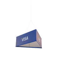A blue, three-dimensional Visa credit card hangs from a hook against a plain background, suggestive of an object on display or for sale.