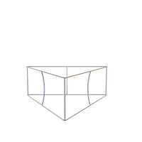 A geometric pendant lamp hangs against a black background, its structure forming an open cube with a pyramid atop.