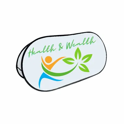 6.56ft x 3.28ft This is a horizontal pop-up banner with the text 'Health & Wealth,' featuring a stylized human figure and leaves in a colorful design, likely for a wellness brand promotion.