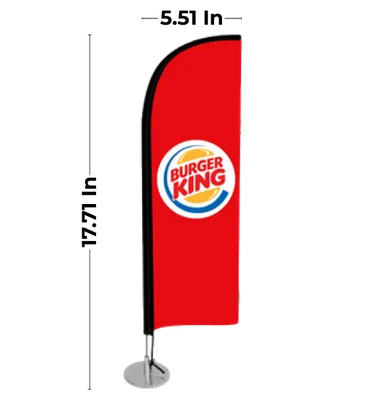 Blade (5.51 x 17.71 In) A red vertical trade show banner with the Burger King logo prominently displayed, mounted on a metal base and stand.