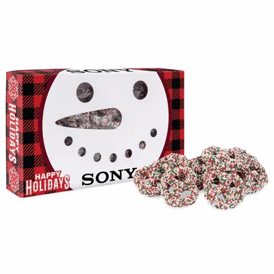 Snowman Die Cut Box with Milk Chocolate Christmas Mini Pretzels - Custom Aprons Now