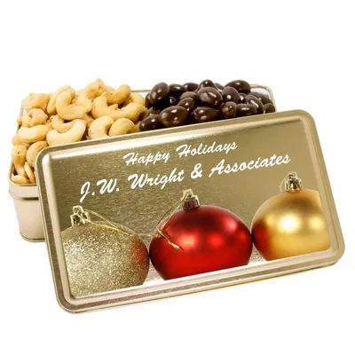 2-Share Tin - Salted Cashews/Dark Chocolate Almonds - Custom Aprons Now