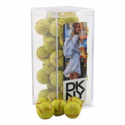 Acrylic Box with Chocolate Tennis Balls - Medium - Custom Aprons Now