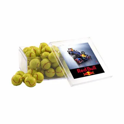 Acrylic Box with Chocolate Tennis Balls - Large - Custom Aprons Now