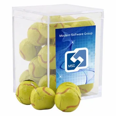 Acrylic Box with Chocolate Tennis Balls - Small - Custom Aprons Now
