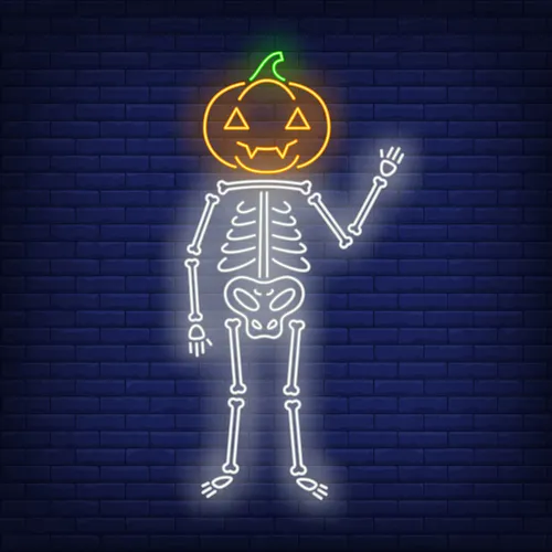 Skeleton with Pumpkin Head Neon Sign - Custom Aprons Now