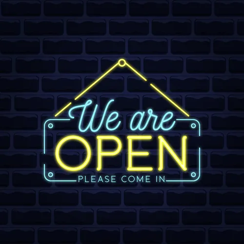 We Are Open Blue and Yellow Neon Sign - Table Covers Now