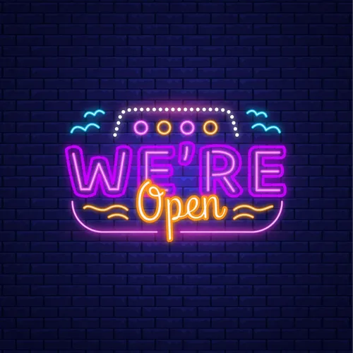 We're Open with Wave Lines Neon Sign - Custom Aprons Now