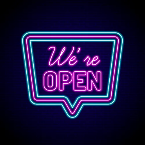 We're Open Neon Sign - Custom Aprons Now