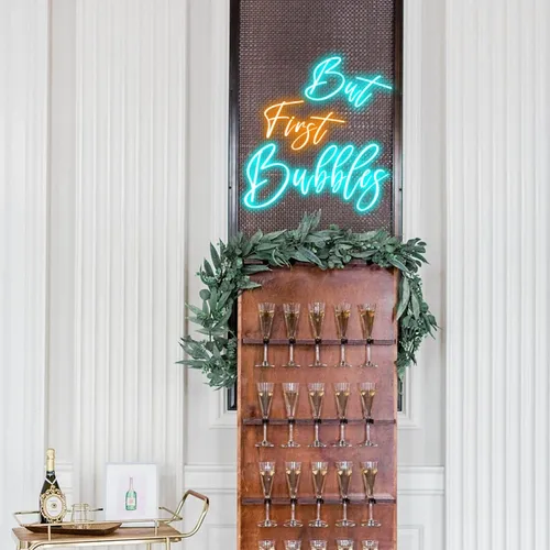 But First Bubbles Wedding Party Neon Sign - Custom Aprons Now