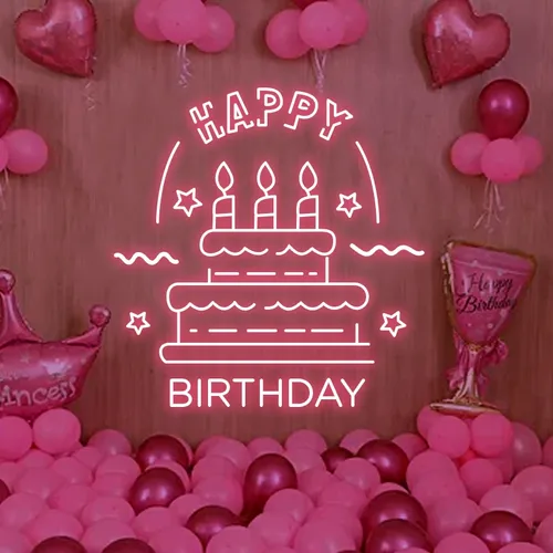 Big Happy Birthday Text with Cake Neon Sign - Custom Aprons Now