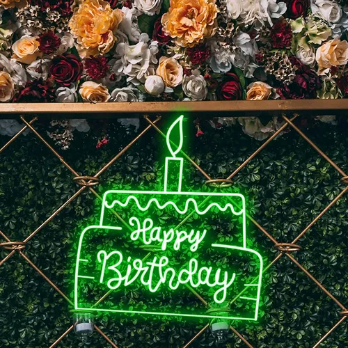 Happy Birthday Text in Big Cake Neon Sign - Custom Aprons Now