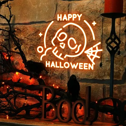 Happy Halloween Skull Neon Sign - Custom Aprons Now