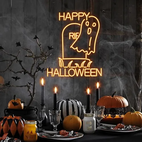 Happy Halloween Ghost Neon Sign - Custom Aprons Now