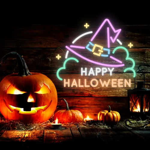 Happy Halloween Hat Neon Sign - Custom Aprons Now