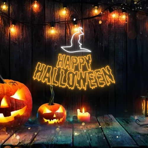 Happy Halloween Witch Hat Neon Signs - Custom Aprons Now