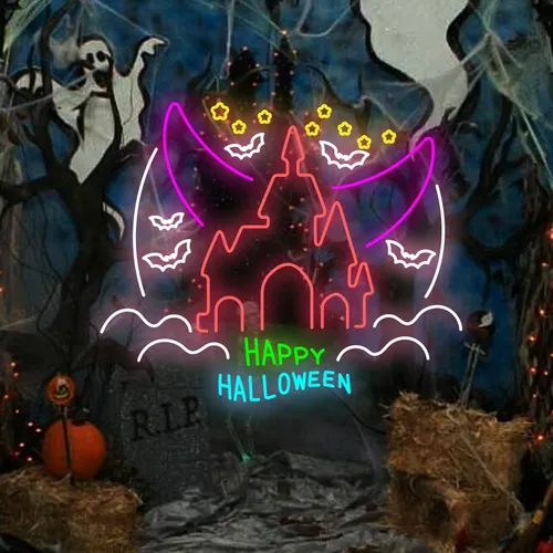 Happy Halloween Castle Neon Sign - Custom Aprons Now
