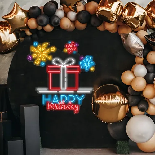 Happy Birthday with a Gift Box Neon Sign - Custom Aprons Now