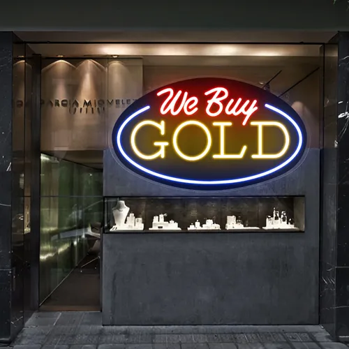 We Buy Gold Neon Sign - Custom Aprons Now