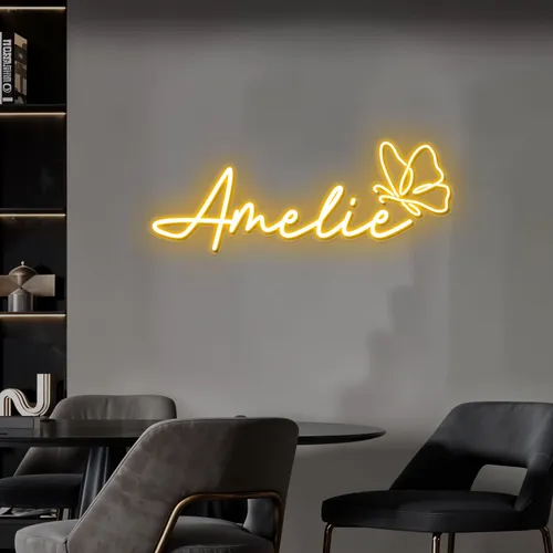 Amelie with Butterfly Neon Sign - Custom Aprons Now