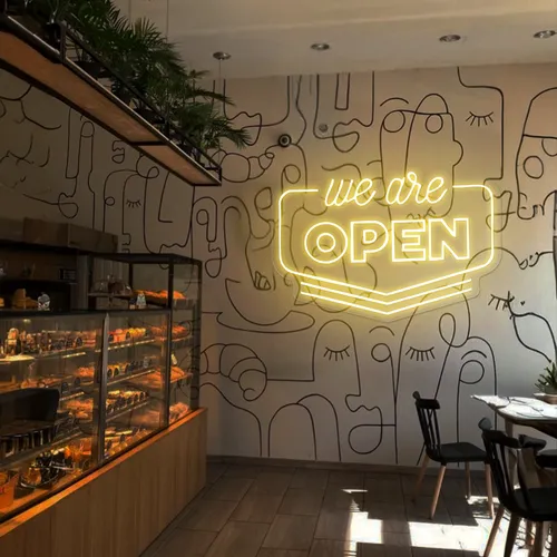 Vibrant Open Neon Sign - Custom Aprons Now
