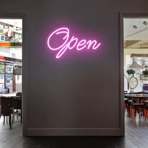 Open Script Neon Sign - Custom Aprons Now