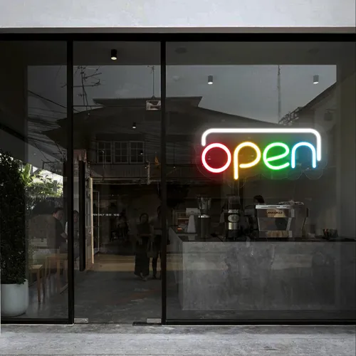 Open Multicolor Neon Sign - Custom Aprons Now