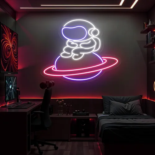 Astronaut In Saturn Neon Sign - Custom Aprons Now