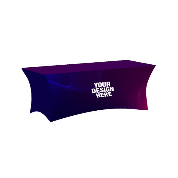 Blue and Purple Rectangle Stretch Spandex Tablecloth with Logo - Table Covers Now