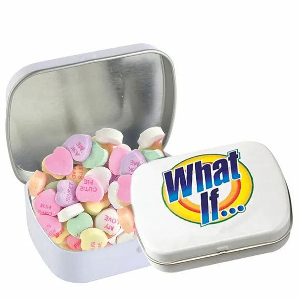 Domed Tin - Imprinted Conversation Hearts - Table Covers Now