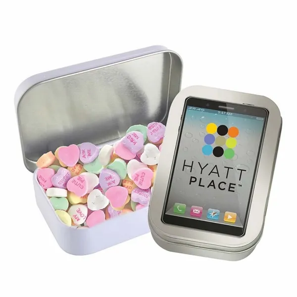 Rectangular Tin - Imprinted Conversation Hearts - Table Covers Now