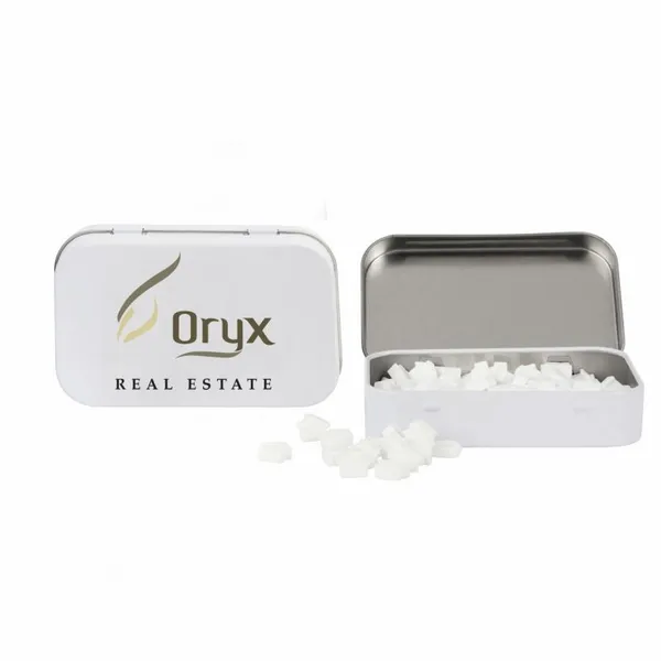 Rectangular Tin with House Shaped Mints - Custom Aprons Now
