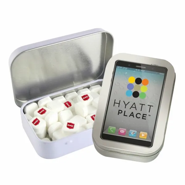 Rectangular Tin with Imprinted Square Mints - Table Covers Now