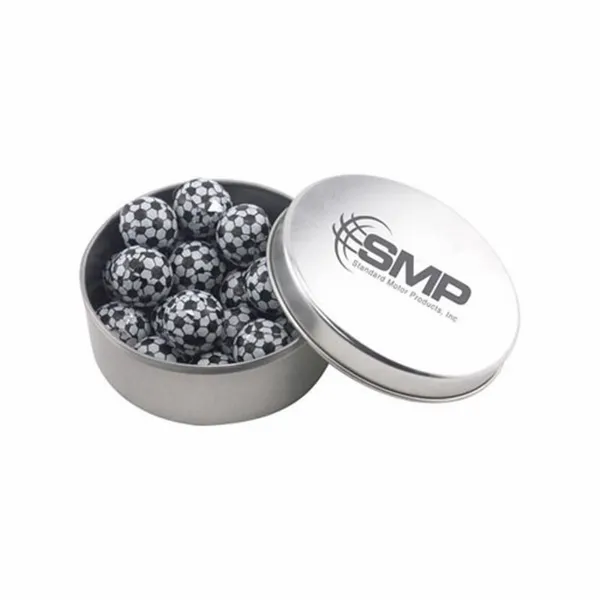 Round Tin with Chocolate Soccer Balls - SBF3000 - Custom Aprons Now