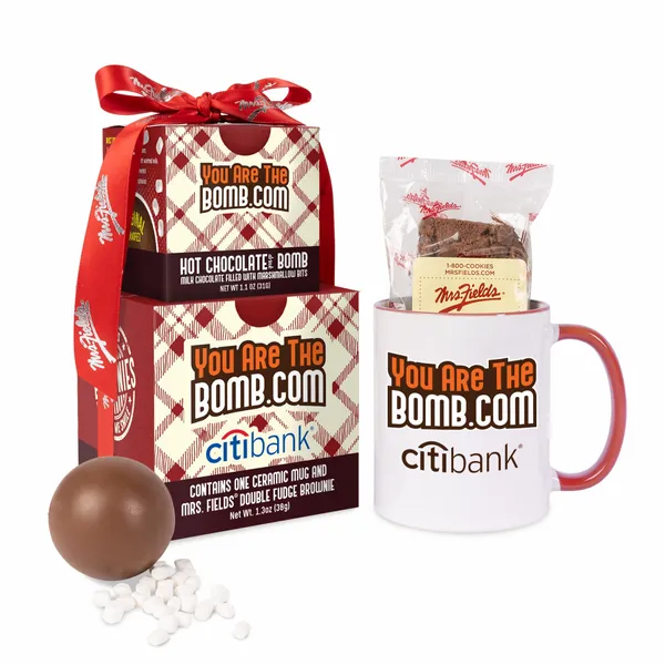 Mrs. Fields Mug, Brownie, Hot Chocolate Bomb Gift Set - Custom Aprons Now