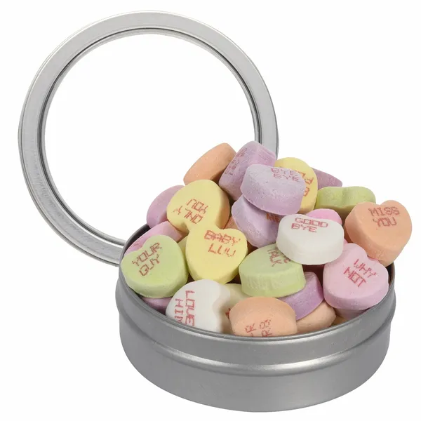 Short Round Tin with Conversation Hearts - Table Covers Now
